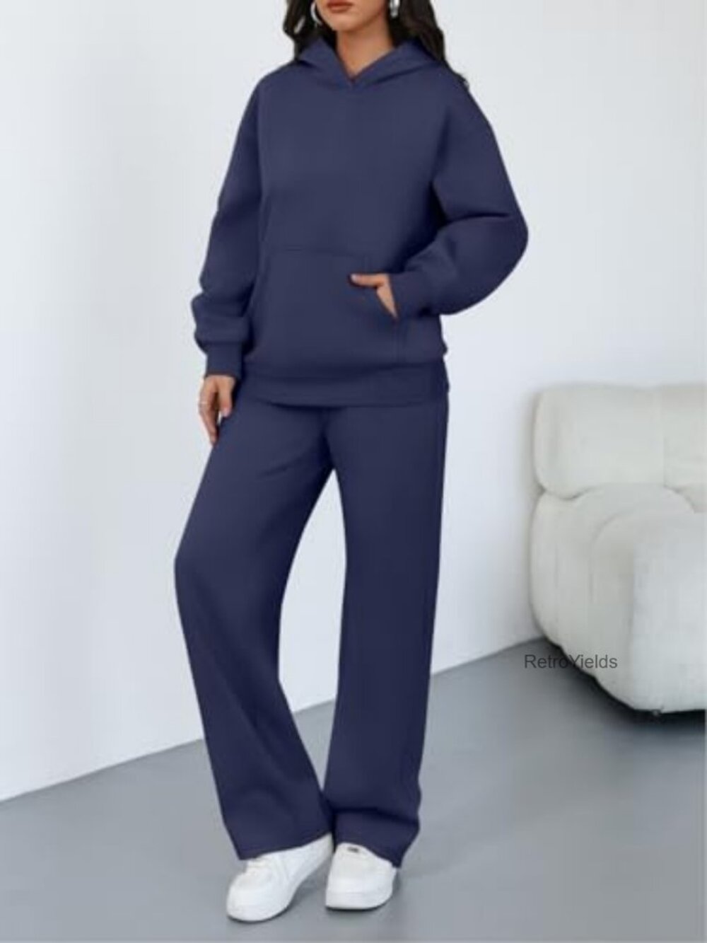 2 Piece Lounge Set - Oversized Hoodie & Wide Leg Pants Matching Active Sweatsuit - Picture 3 of 7